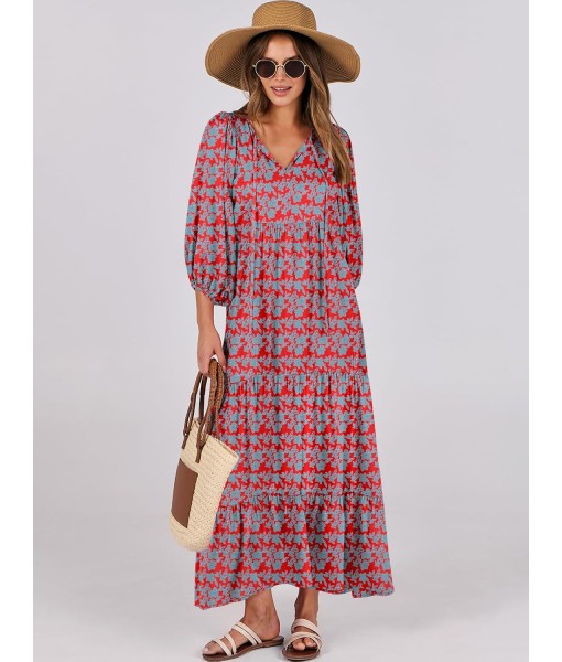 ANRABESS Womens Boho Maxi Dresses 2025 Summer V Neck Puff Sleeve Floral Flowy Swing Fall Casual Long Dress
