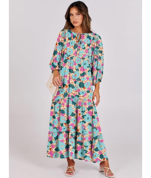 ANRABESS Womens Boho Maxi Dresses 2025 Summer V Neck Puff Sleeve Floral Flowy Swing Fall Casual Long Dress