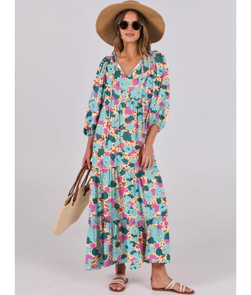 ANRABESS Womens Boho Maxi Dresses 2025 Summer V Neck Puff Sleeve Floral Flowy Swing Fall Casual Long Dress