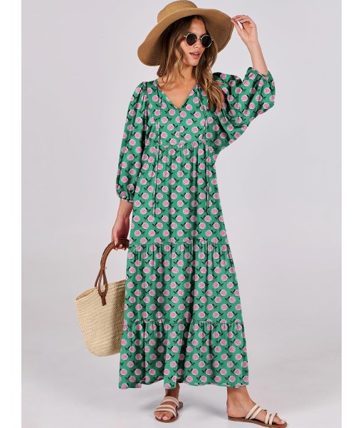 ANRABESS Womens Boho Maxi Dresses 2025 Summer V Neck Puff Sleeve Floral Flowy Swing Fall Casual Long Dress