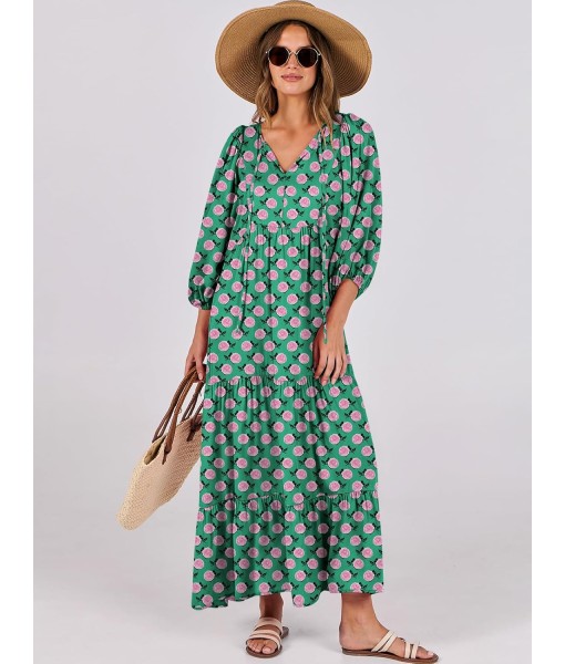 ANRABESS Womens Boho Maxi Dresses 2025 Summer V Neck Puff Sleeve Floral Flowy Swing Fall Casual Long Dress