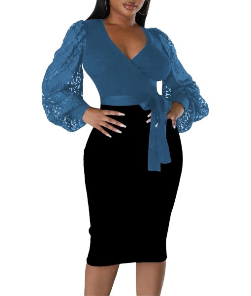 BOGURST Semi Formal Church Dresses for Women Bishop Sleeve Sexy V Neck Bodycon Midi Dresses