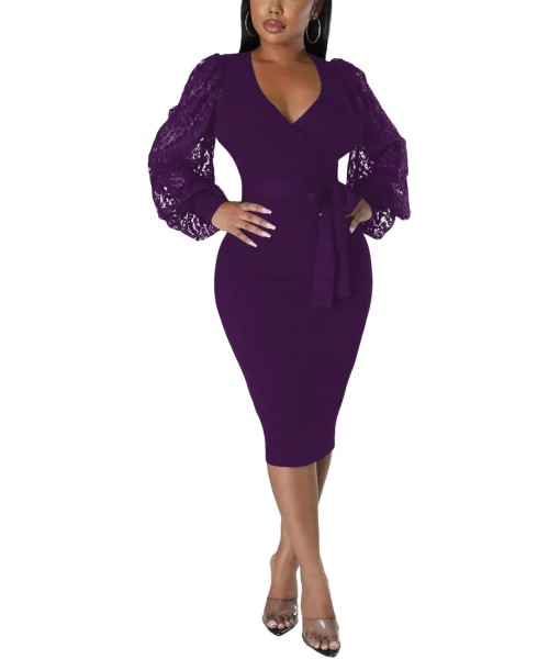 BOGURST Semi Formal Church Dresses for Women Bishop Sleeve Sexy V Neck Bodycon Midi Dresses