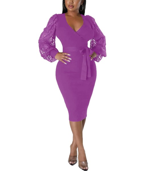 BOGURST Semi Formal Church Dresses for Women Bishop Sleeve Sexy V Neck Bodycon Midi Dresses