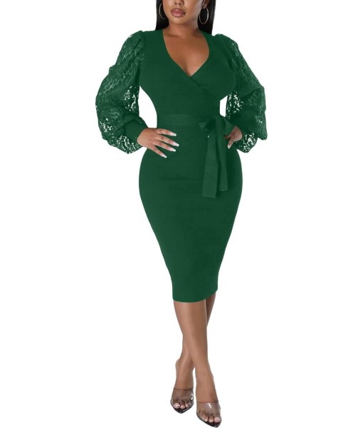 BOGURST Semi Formal Church Dresses for Women Bishop Sleeve Sexy V Neck Bodycon Midi Dresses