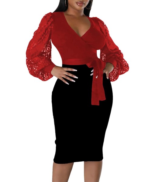 BOGURST Semi Formal Church Dresses for Women Bishop Sleeve Sexy V Neck Bodycon Midi Dresses