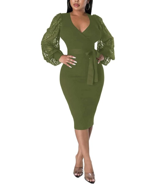 BOGURST Semi Formal Church Dresses for Women Bishop Sleeve Sexy V Neck Bodycon Midi Dresses