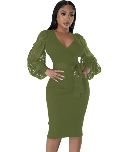 BOGURST Semi Formal Church Dresses for Women Bishop Sleeve Sexy V Neck Bodycon Midi Dresses