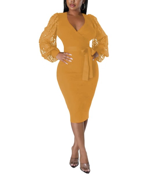 BOGURST Semi Formal Church Dresses for Women Bishop Sleeve Sexy V Neck Bodycon Midi Dresses