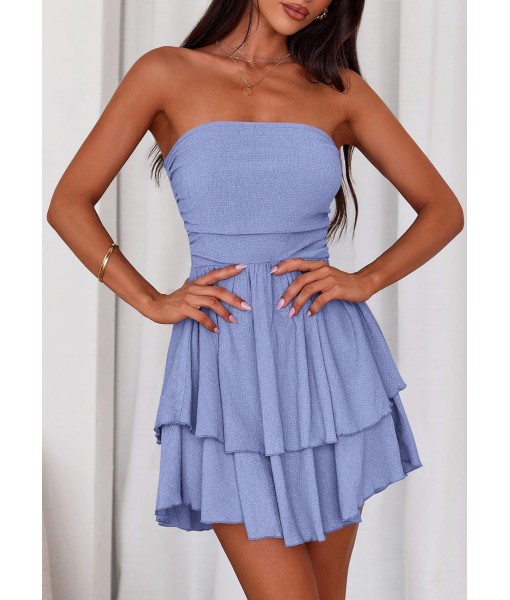 PRETTYGARDEN Women's 2025 Summer Strapless Tube Mini Dress Off Shoulder Smocked Ruffle A Line Flowy Short Party Club Dresses