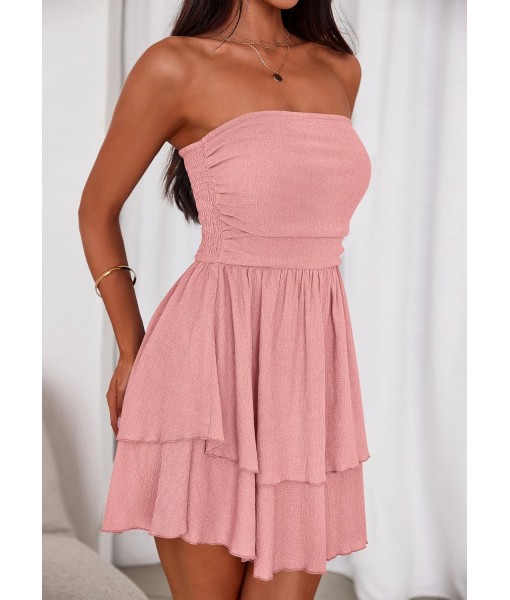 PRETTYGARDEN Women's 2025 Summer Strapless Tube Mini Dress Off Shoulder Smocked Ruffle A Line Flowy Short Party Club Dresses