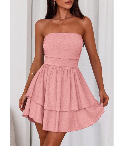 PRETTYGARDEN Women's 2025 Summer Strapless Tube Mini Dress Off Shoulder Smocked Ruffle A Line Flowy Short Party Club Dresses