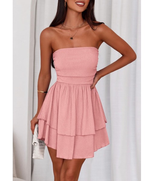 PRETTYGARDEN Women's 2025 Summer Strapless Tube Mini Dress Off Shoulder Smocked Ruffle A Line Flowy Short Party Club Dresses