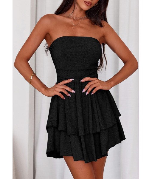 PRETTYGARDEN Women's 2025 Summer Strapless Tube Mini Dress Off Shoulder Smocked Ruffle A Line Flowy Short Party Club Dresses