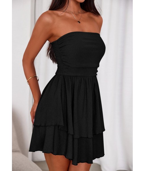 PRETTYGARDEN Women's 2025 Summer Strapless Tube Mini Dress Off Shoulder Smocked Ruffle A Line Flowy Short Party Club Dresses