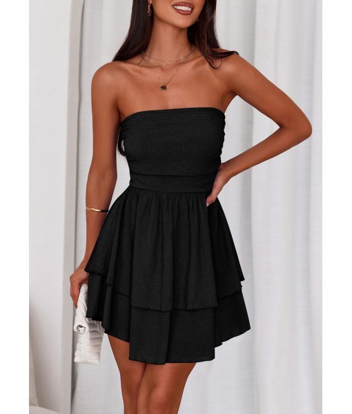 PRETTYGARDEN Women's 2025 Summer Strapless Tube Mini Dress Off Shoulder Smocked Ruffle A Line Flowy Short Party Club Dresses