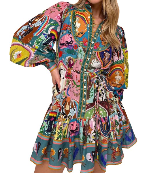 Qikaka Women's Long Puff Sleeve Turtleneck Printed Button Bodycon Sexy Nightclub Party Blouse Dress