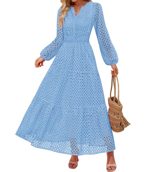 ZESICA Women's 2025 Fall Long Sleeve Maxi Dress V Neck Hollow Out Eyelet A Line Long Flowy Casual Party Dresses