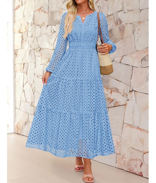 ZESICA Women's 2025 Fall Long Sleeve Maxi Dress V Neck Hollow Out Eyelet A Line Long Flowy Casual Party Dresses