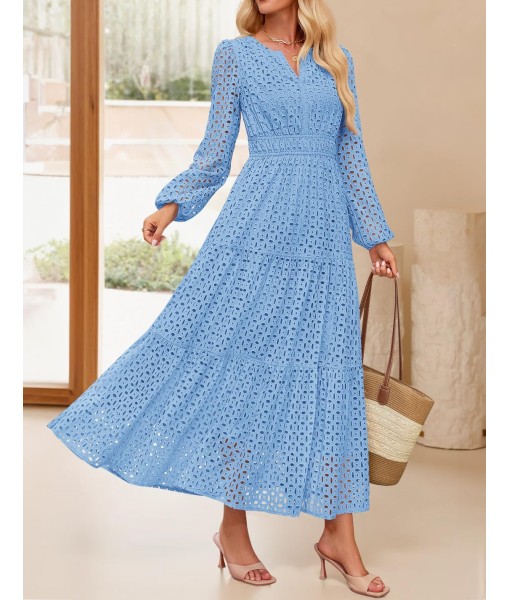 ZESICA Women's 2025 Fall Long Sleeve Maxi Dress V Neck Hollow Out Eyelet A Line Long Flowy Casual Party Dresses