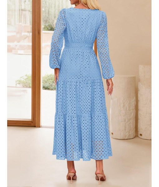 ZESICA Women's 2025 Fall Long Sleeve Maxi Dress V Neck Hollow Out Eyelet A Line Long Flowy Casual Party Dresses
