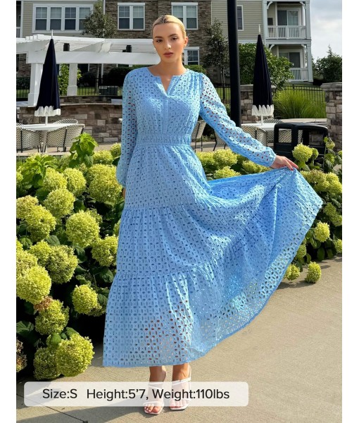 ZESICA Women's 2025 Fall Long Sleeve Maxi Dress V Neck Hollow Out Eyelet A Line Long Flowy Casual Party Dresses