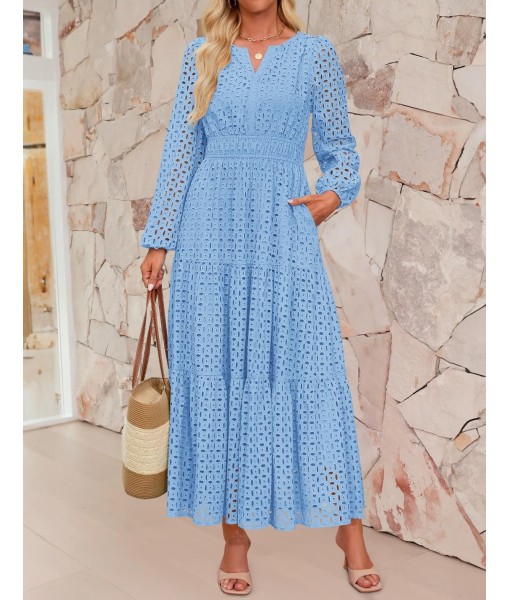 ZESICA Women's 2025 Fall Long Sleeve Maxi Dress V Neck Hollow Out Eyelet A Line Long Flowy Casual Party Dresses