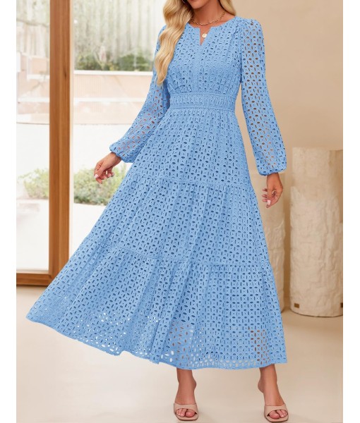 ZESICA Women's 2025 Fall Long Sleeve Maxi Dress V Neck Hollow Out Eyelet A Line Long Flowy Casual Party Dresses