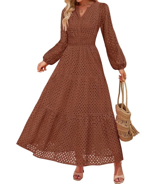 ZESICA Women's 2025 Fall Long Sleeve Maxi Dress V Neck Hollow Out Eyelet A Line Long Flowy Casual Party Dresses