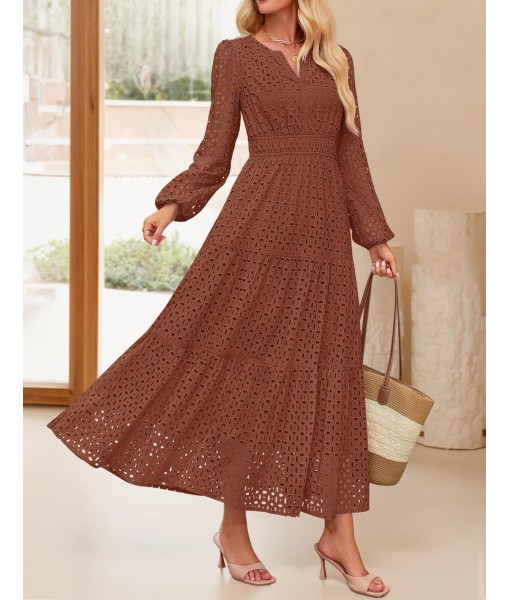 ZESICA Women's 2025 Fall Long Sleeve Maxi Dress V Neck Hollow Out Eyelet A Line Long Flowy Casual Party Dresses
