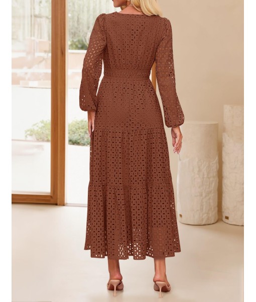 ZESICA Women's 2025 Fall Long Sleeve Maxi Dress V Neck Hollow Out Eyelet A Line Long Flowy Casual Party Dresses