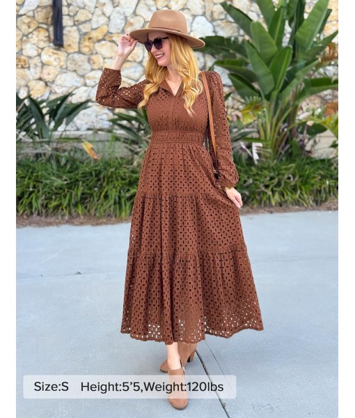 ZESICA Women's 2025 Fall Long Sleeve Maxi Dress V Neck Hollow Out Eyelet A Line Long Flowy Casual Party Dresses