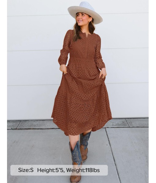 ZESICA Women's 2025 Fall Long Sleeve Maxi Dress V Neck Hollow Out Eyelet A Line Long Flowy Casual Party Dresses