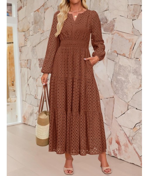 ZESICA Women's 2025 Fall Long Sleeve Maxi Dress V Neck Hollow Out Eyelet A Line Long Flowy Casual Party Dresses