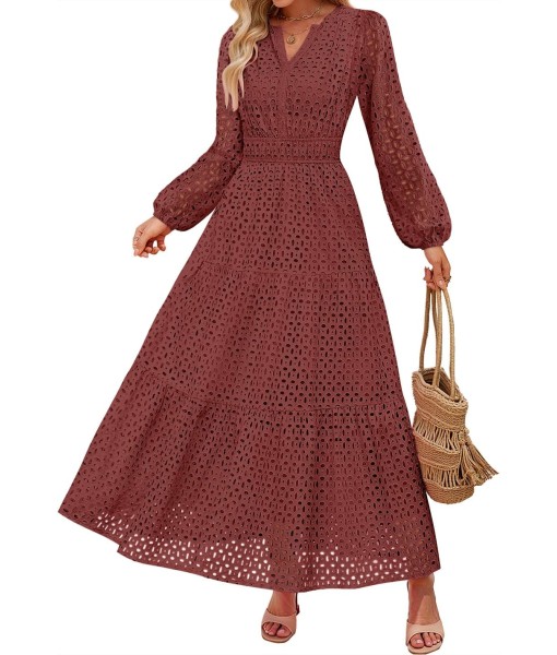 ZESICA Women's 2025 Fall Long Sleeve Maxi Dress V Neck Hollow Out Eyelet A Line Long Flowy Casual Party Dresses
