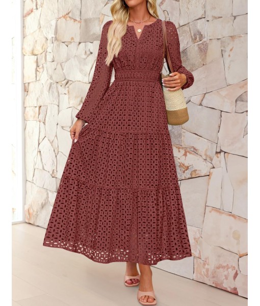 ZESICA Women's 2025 Fall Long Sleeve Maxi Dress V Neck Hollow Out Eyelet A Line Long Flowy Casual Party Dresses