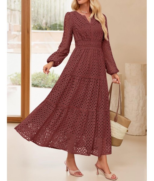 ZESICA Women's 2025 Fall Long Sleeve Maxi Dress V Neck Hollow Out Eyelet A Line Long Flowy Casual Party Dresses