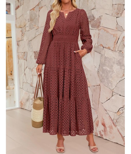 ZESICA Women's 2025 Fall Long Sleeve Maxi Dress V Neck Hollow Out Eyelet A Line Long Flowy Casual Party Dresses