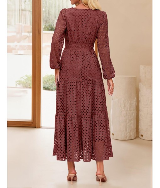 ZESICA Women's 2025 Fall Long Sleeve Maxi Dress V Neck Hollow Out Eyelet A Line Long Flowy Casual Party Dresses