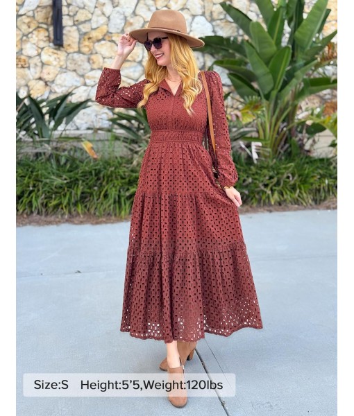 ZESICA Women's 2025 Fall Long Sleeve Maxi Dress V Neck Hollow Out Eyelet A Line Long Flowy Casual Party Dresses