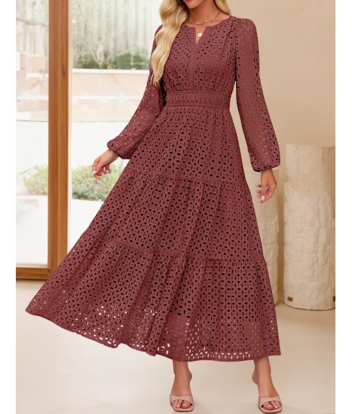 ZESICA Women's 2025 Fall Long Sleeve Maxi Dress V Neck Hollow Out Eyelet A Line Long Flowy Casual Party Dresses