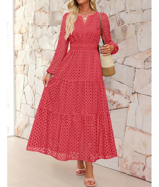 ZESICA Women's 2025 Fall Long Sleeve Maxi Dress V Neck Hollow Out Eyelet A Line Long Flowy Casual Party Dresses