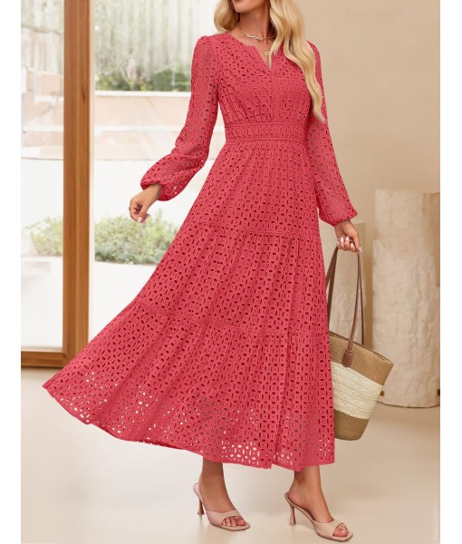 ZESICA Women's 2025 Fall Long Sleeve Maxi Dress V Neck Hollow Out Eyelet A Line Long Flowy Casual Party Dresses