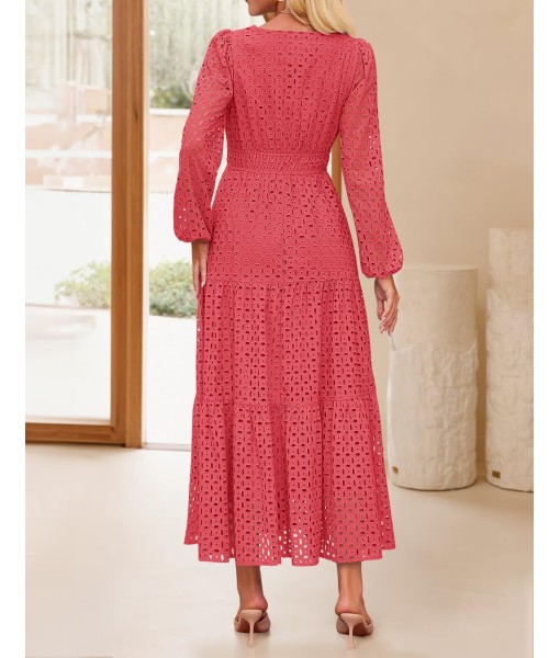 ZESICA Women's 2025 Fall Long Sleeve Maxi Dress V Neck Hollow Out Eyelet A Line Long Flowy Casual Party Dresses