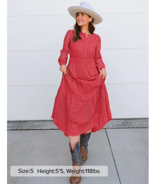 ZESICA Women's 2025 Fall Long Sleeve Maxi Dress V Neck Hollow Out Eyelet A Line Long Flowy Casual Party Dresses