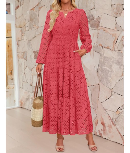 ZESICA Women's 2025 Fall Long Sleeve Maxi Dress V Neck Hollow Out Eyelet A Line Long Flowy Casual Party Dresses