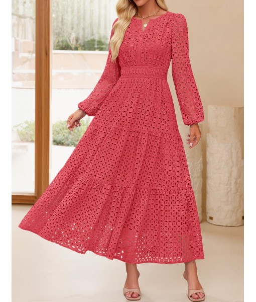 ZESICA Women's 2025 Fall Long Sleeve Maxi Dress V Neck Hollow Out Eyelet A Line Long Flowy Casual Party Dresses