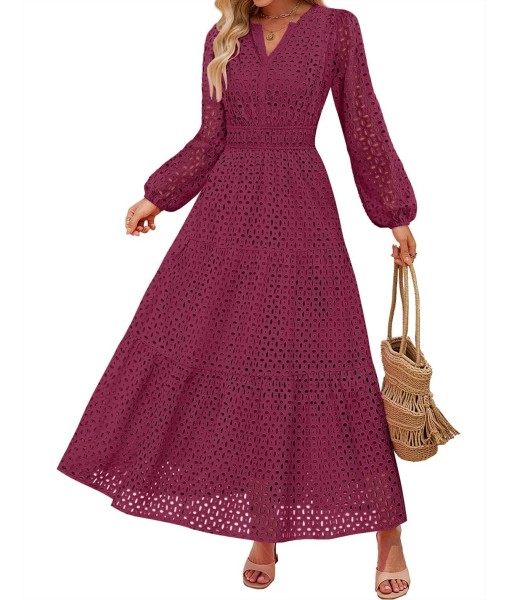 ZESICA Women's 2025 Fall Long Sleeve Maxi Dress V Neck Hollow Out Eyelet A Line Long Flowy Casual Party Dresses