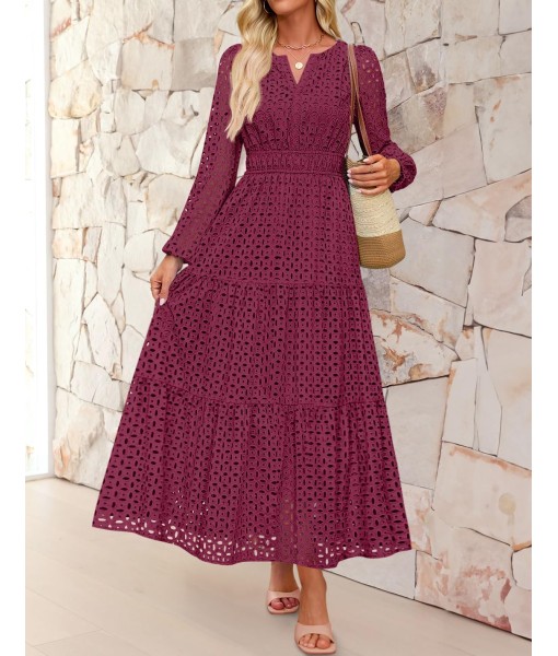 ZESICA Women's 2025 Fall Long Sleeve Maxi Dress V Neck Hollow Out Eyelet A Line Long Flowy Casual Party Dresses
