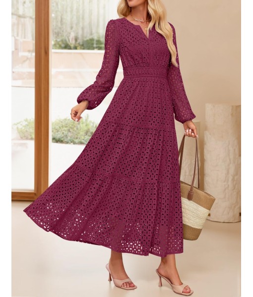 ZESICA Women's 2025 Fall Long Sleeve Maxi Dress V Neck Hollow Out Eyelet A Line Long Flowy Casual Party Dresses